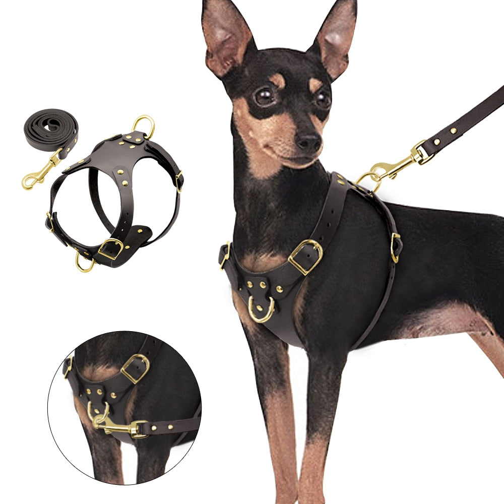 Dog Harness Vest Adjustable Genuine Leather Pet